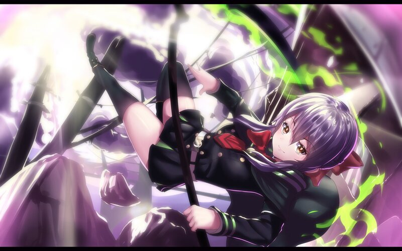 Anime Girl with Purple Hair — Dramatic, Sword, School Uniform, Energy Effect