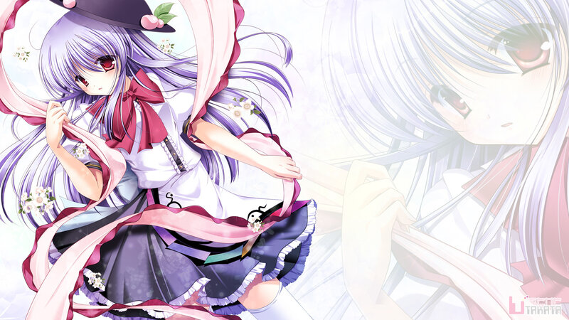 Anime Girl with Purple Hair — Dreamy, Hat, Ribbon, Flowers