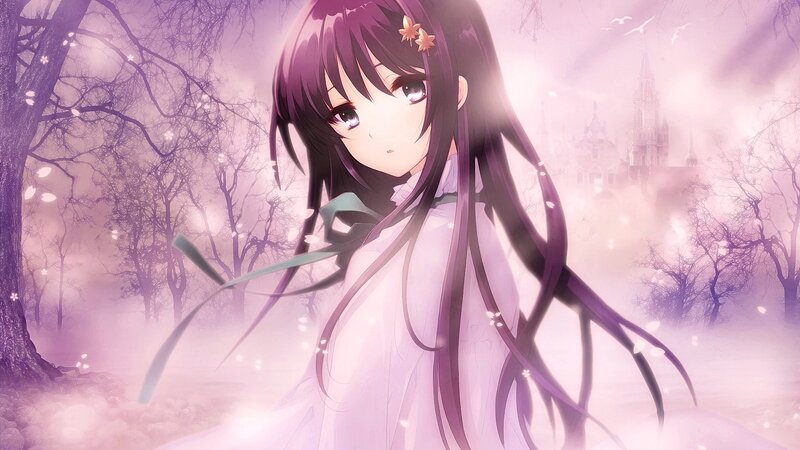Anime Girl with Purple Hair — Dreamy, Spring, Trees