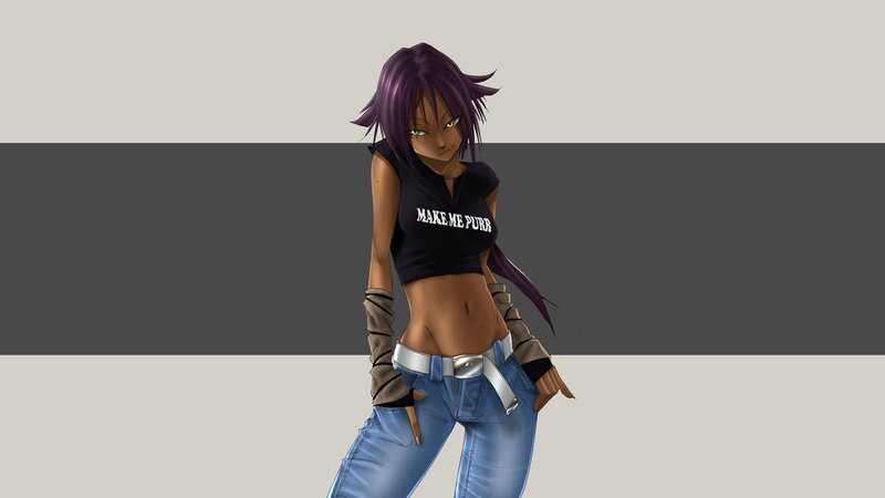 Anime Girl with Purple Hair — Gray, Confident