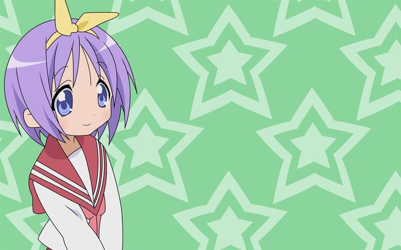 Anime Girl with Purple Hair — Green, Cheerful, Star Pattern