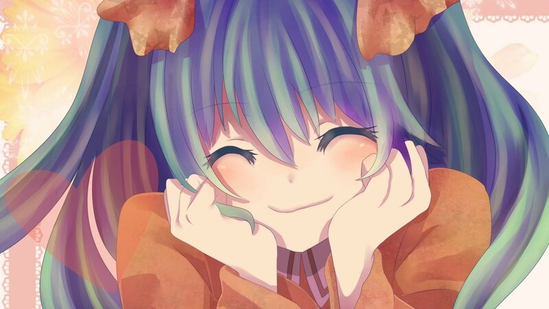 Anime Girl with Purple Hair — Happy, Hands, Blush