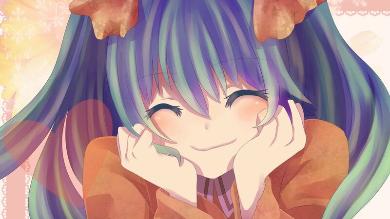 Anime Girl with Purple Hair — Happy, Hands