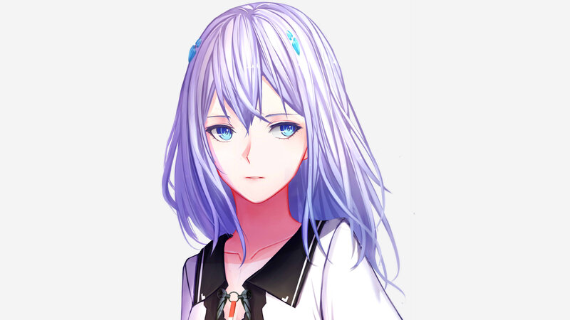 Anime Girl with Purple Hair — Neutral, Digital Art, Blue Eyes, White Shirt