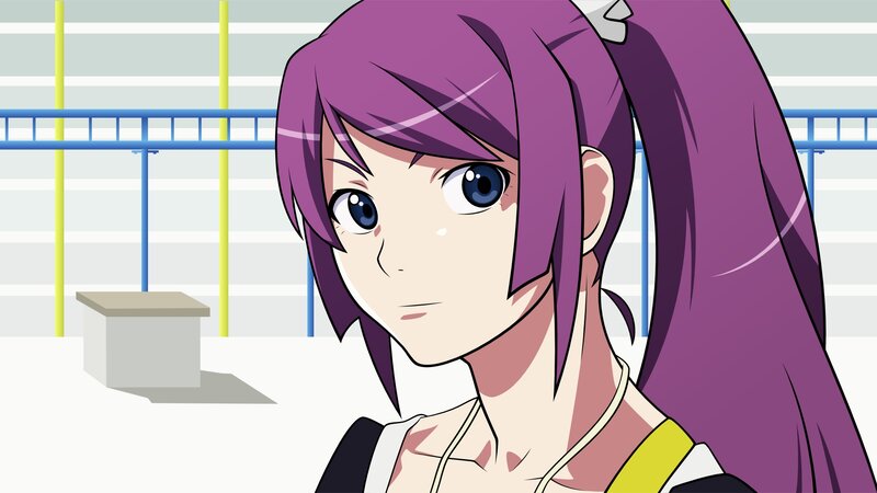 Anime Girl with Purple Hair — Neutral, Eyes, Building