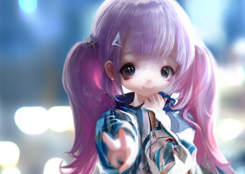 Anime Girl with Purple Hair — Playful, Digital Art, Pigtails