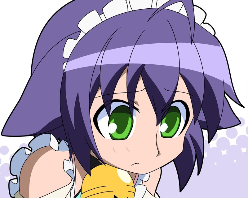 Anime Girl with Purple Hair — Playful, Green Eyes, Maid Outfit
