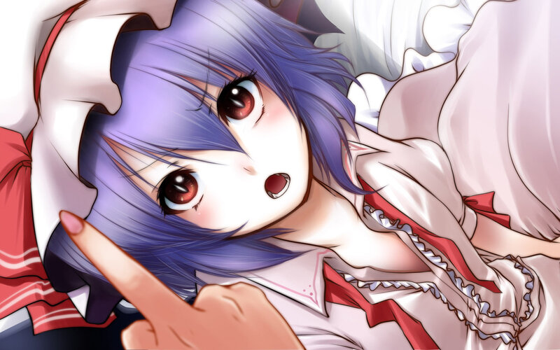 Anime Girl with Purple Hair — Playful, Pointing Finger