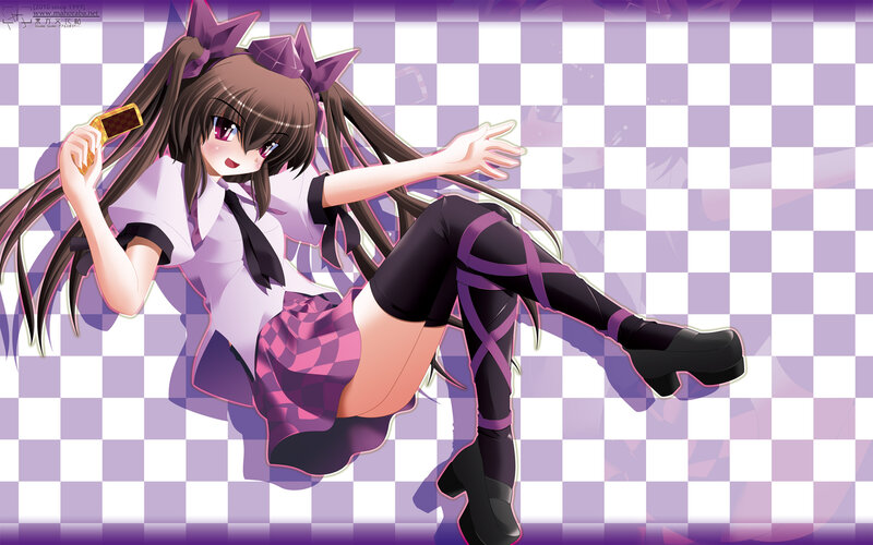 Anime Girl with Purple Hair — Playful, School Uniform, Checkered Background