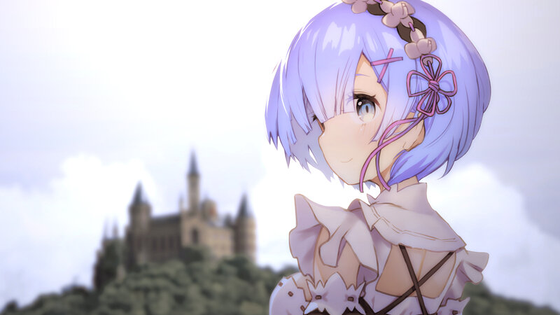 Anime Girl with Purple Hair — Serene, Afternoon, Castle