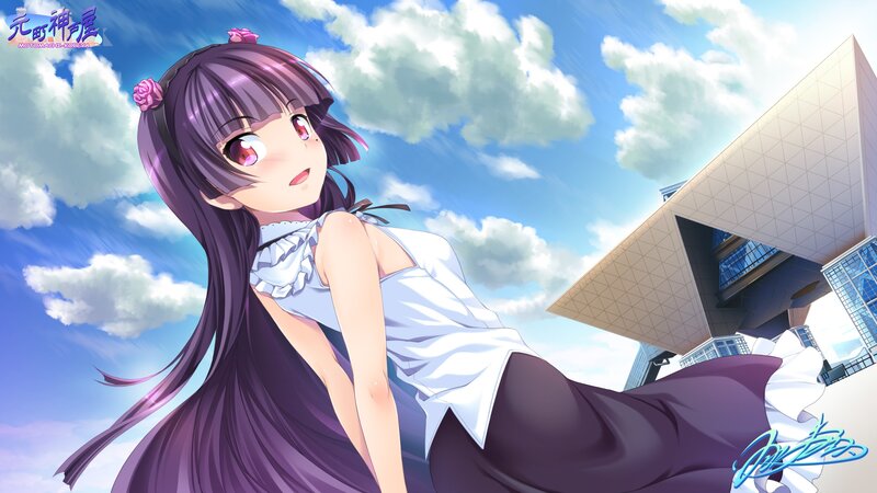 Anime Girl with Purple Hair — Serene, Afternoon, Clouds, Building, Sky