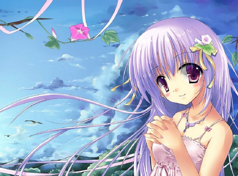 Anime Girl with Purple Hair — Serene, Afternoon, Flower, Sky