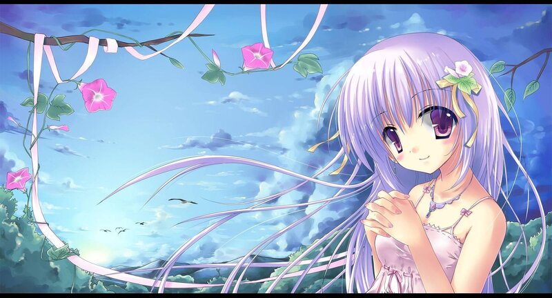 Anime Girl with Purple Hair — Serene, Afternoon, Flowers
