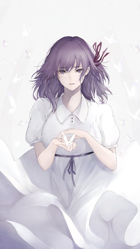 Anime Girl with Purple Hair — Serene, Digital Art, Butterflies, White Dress
