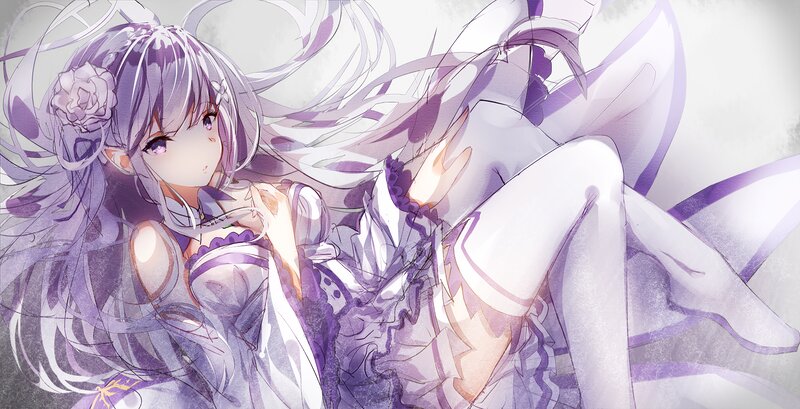 Anime Girl with Purple Hair — Serene, Digital Art, Flower, Dress