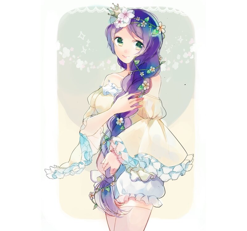 Anime Girl with Purple Hair — Serene, Digital Art, Flowers, Crown