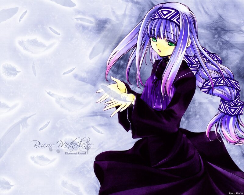 Anime Girl with Purple Hair — Serene, Feathers
