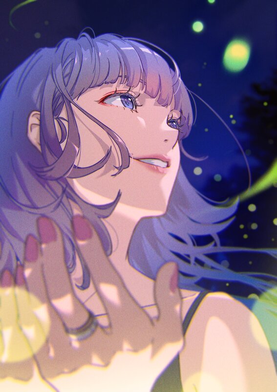 Anime Girl with Purple Hair — Serene, Night, Digital Art, Fireflies