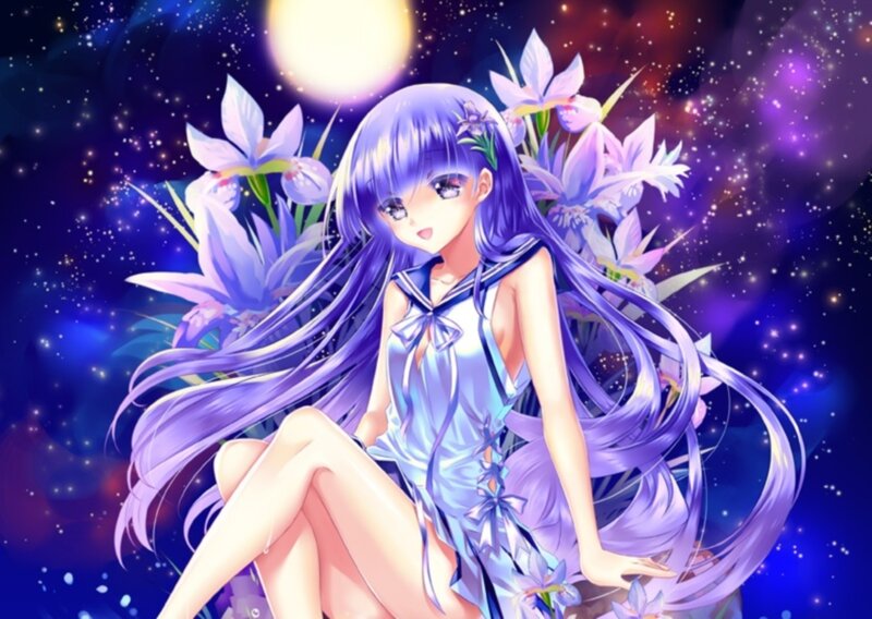 Anime Girl with Purple Hair — Serene, Night, Digital Art, Flowers, Moon