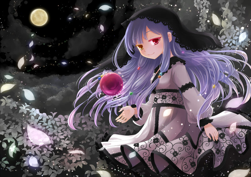 Anime Girl with Purple Hair — Serene, Night, Digital Art, Moon, Flowers