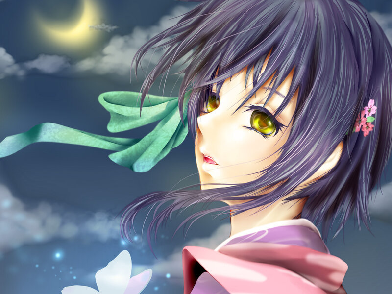Anime Girl with Purple Hair — Serene, Night, Digital Art, Moon