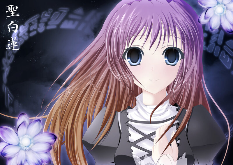 Anime Girl with Purple Hair — Serene, Night, Flowers, Dark Background