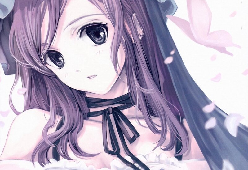 Anime Girl with Purple Hair — Serene, Spring, Black Ribbon