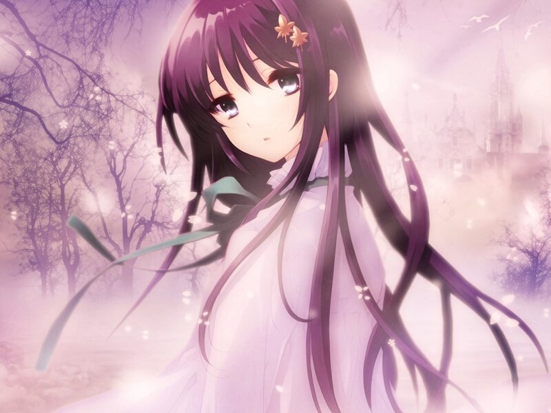 Anime Girl with Purple Hair — Serene, Spring, Castle