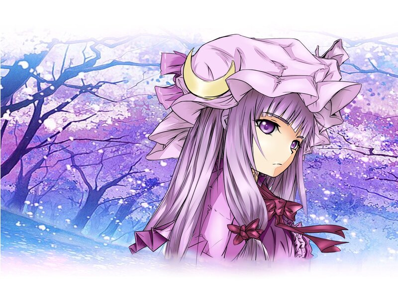 Anime Girl with Purple Hair — Serene, Spring, Cherry Blossoms, Hat