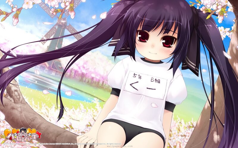 Anime Girl with Purple Hair — Serene, Spring, Cherry Blossoms, Windmill