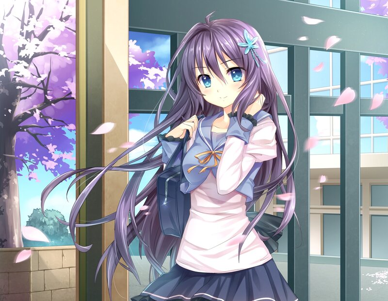 Anime Girl with Purple Hair — Serene, Spring, School Uniform
