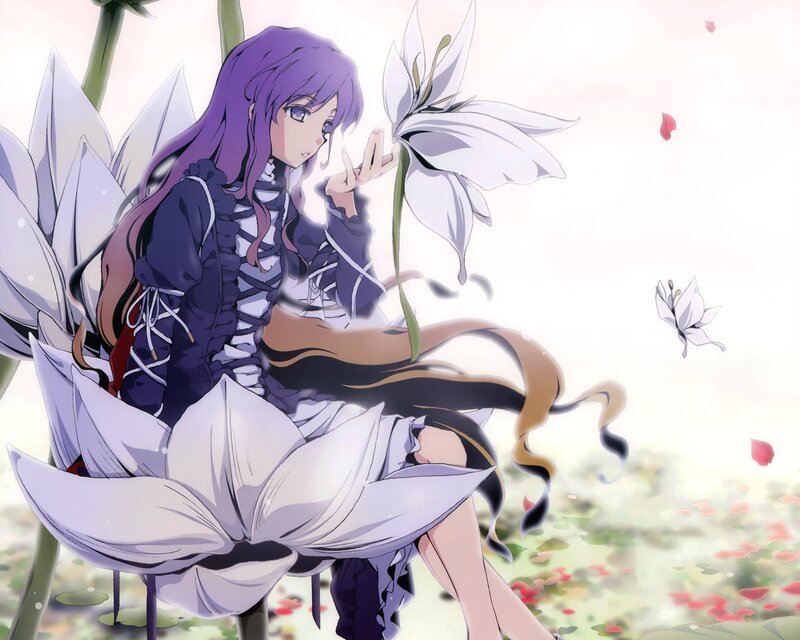 Anime Girl with Purple Hair — Serene, Spring, White Lily