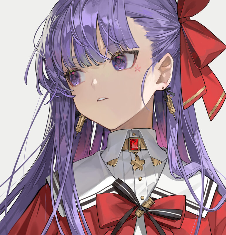 Anime Girl with Purple Hair — Serious, Red Bow