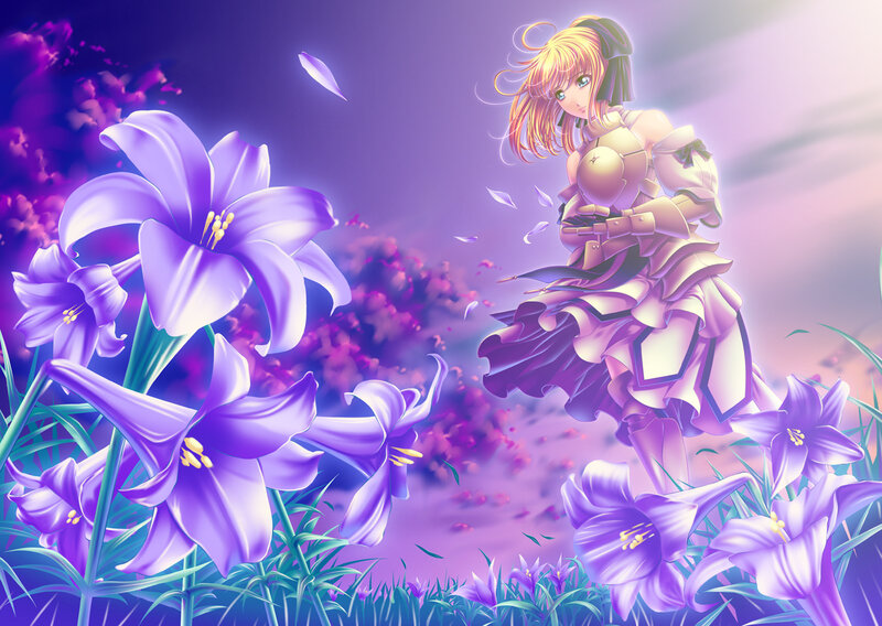 anime girl with purple lilies