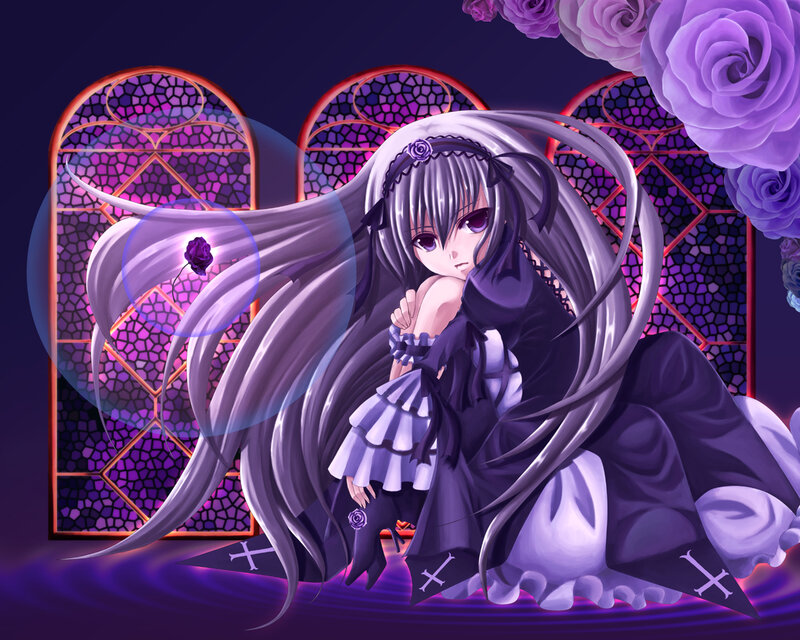 anime girl with purple roses