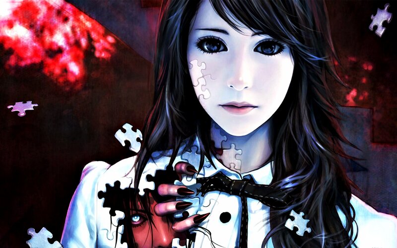 Anime Girl with Puzzle Pieces — Black