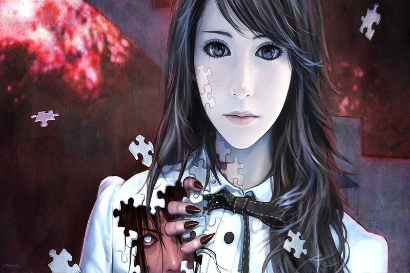 Anime Girl with Puzzle Pieces — White