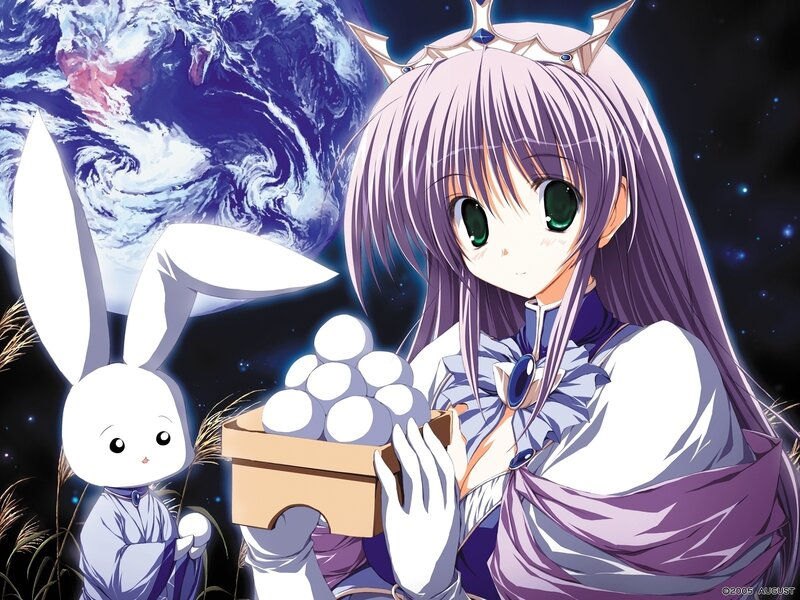 Anime girl with rabbit and moon