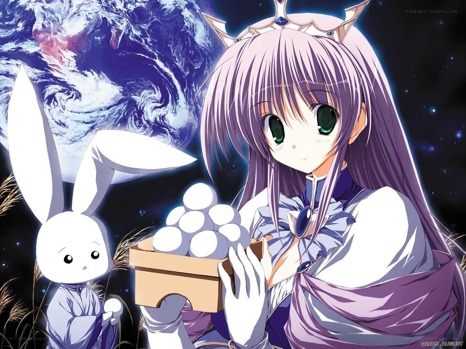 Anime girl with rabbit and moon