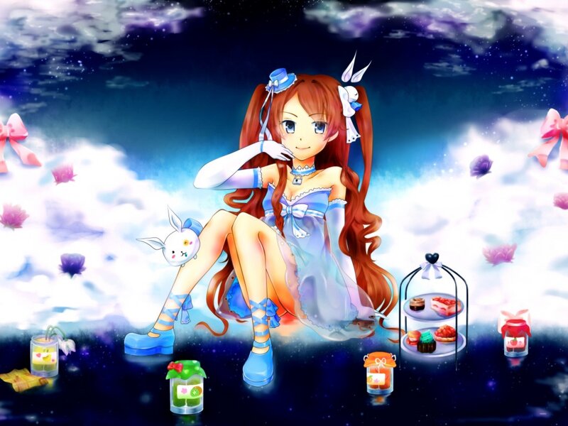 Anime Girl with Rabbit — Blue, Dreamy, Night