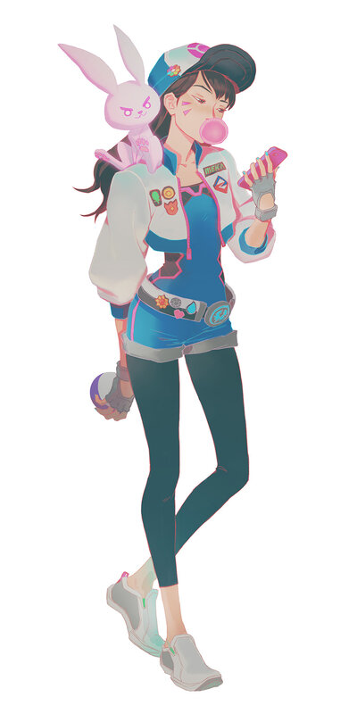 Anime Girl with Rabbit — Blue, Playful