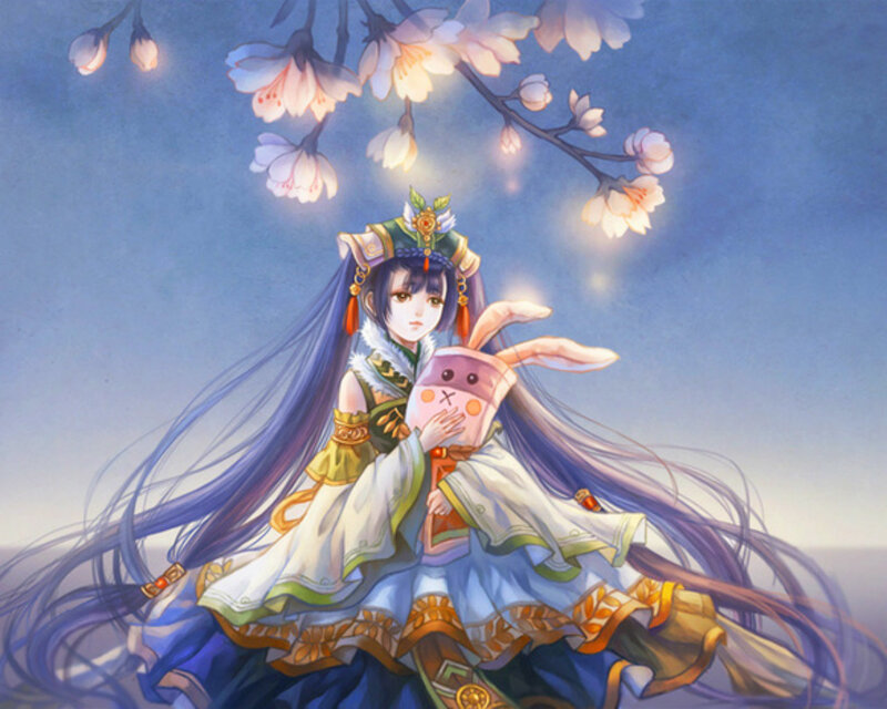 Anime Girl with Rabbit — Blue, Serene, Spring