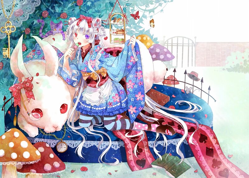 Anime Girl with Rabbit — Blue, Whimsical