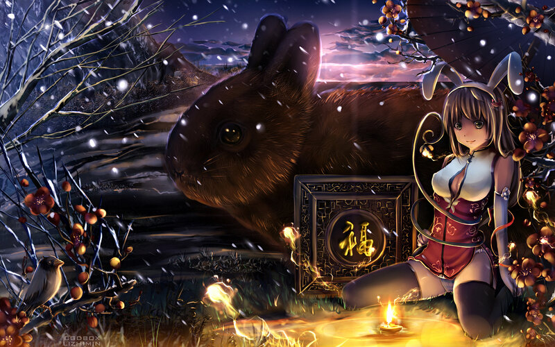Anime Girl with Rabbit — Brown