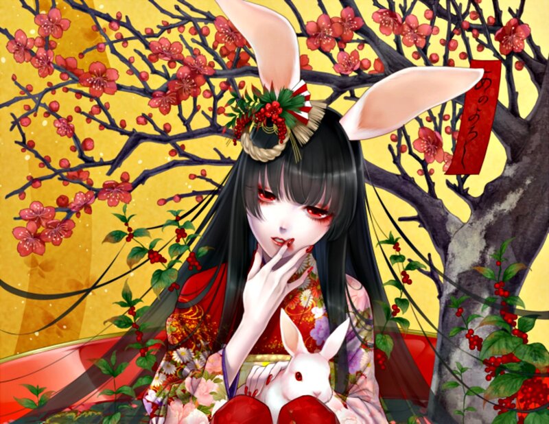 Anime Girl with Rabbit Ears — Red, Serene