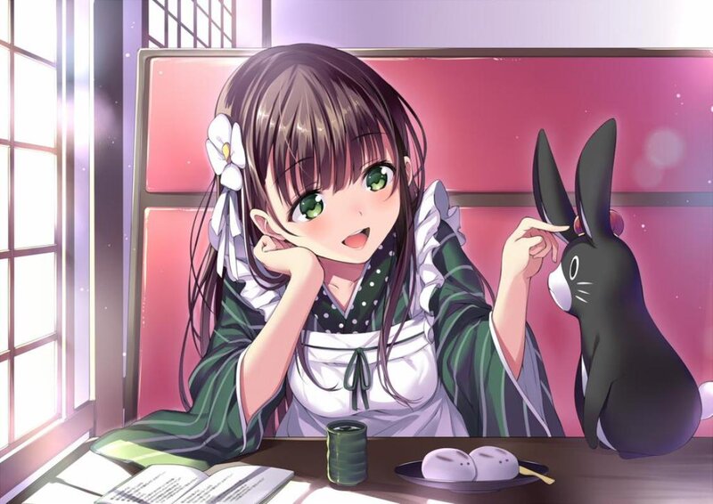 Anime Girl with Rabbit — Green, Calm