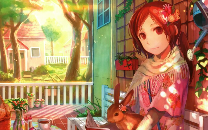 Anime girl with rabbit on porch