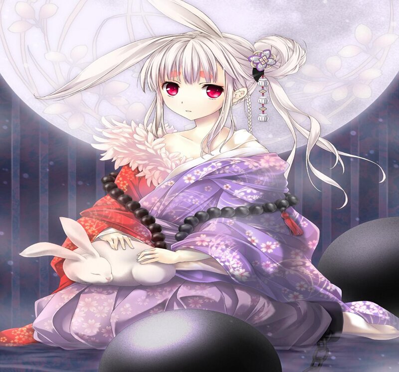 Anime Girl with Rabbit — Purple, Serene, Night