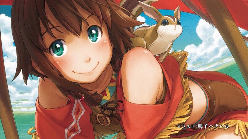 Anime Girl with Rabbit — Red, Cheerful