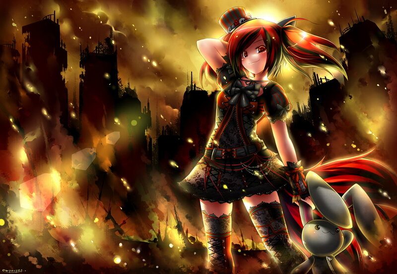 Anime Girl with Rabbit — Red, Dramatic